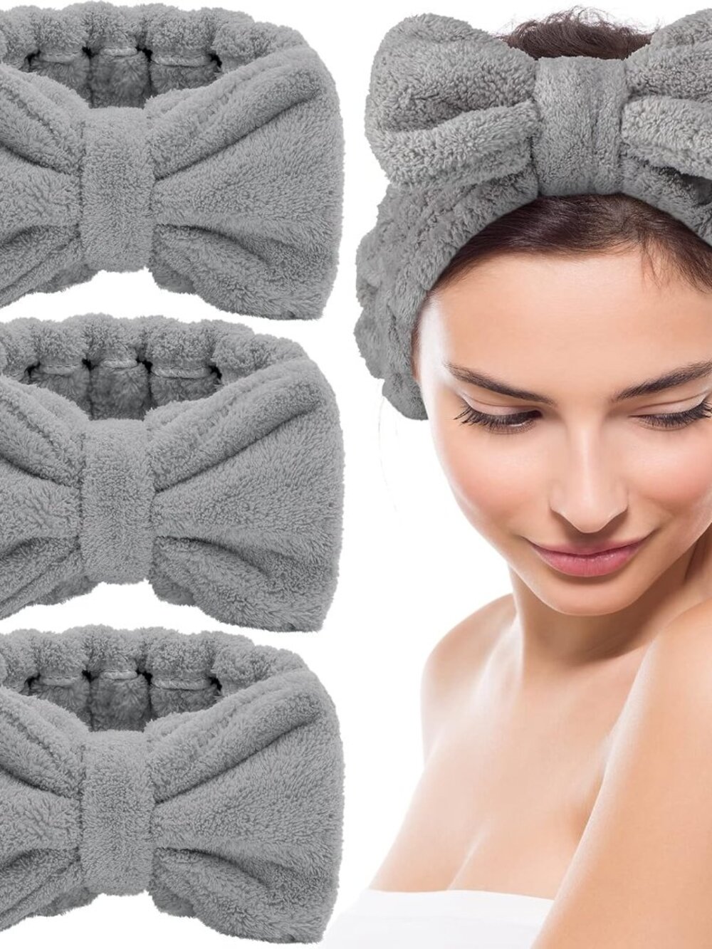 3 Pcs Bow Makeup Headbands, Light Gray